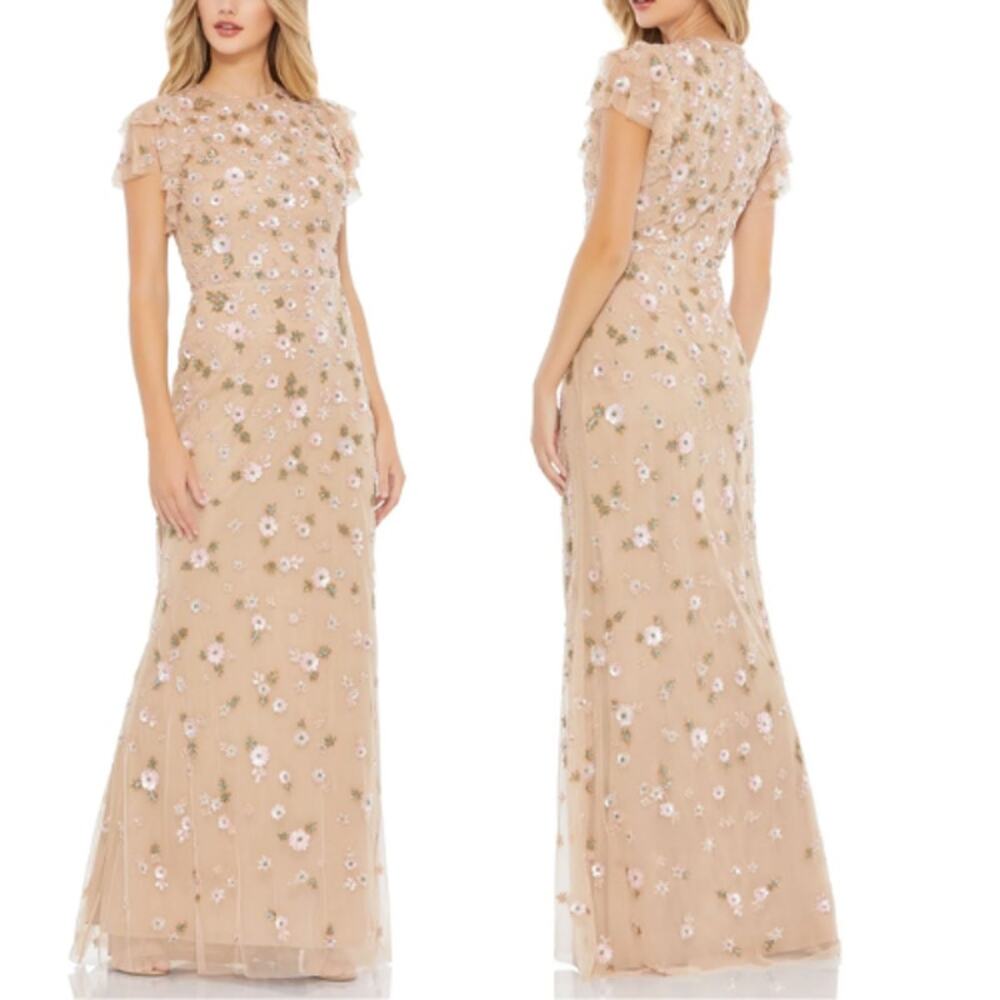 NEW Mac Duggal Floral Embellished High Neck Flutter Sleeves Dress Beige Size: 12
